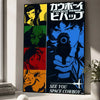 A vertical poster featuring characters from Cowboy Bebop with a dark blue and black color scheme.