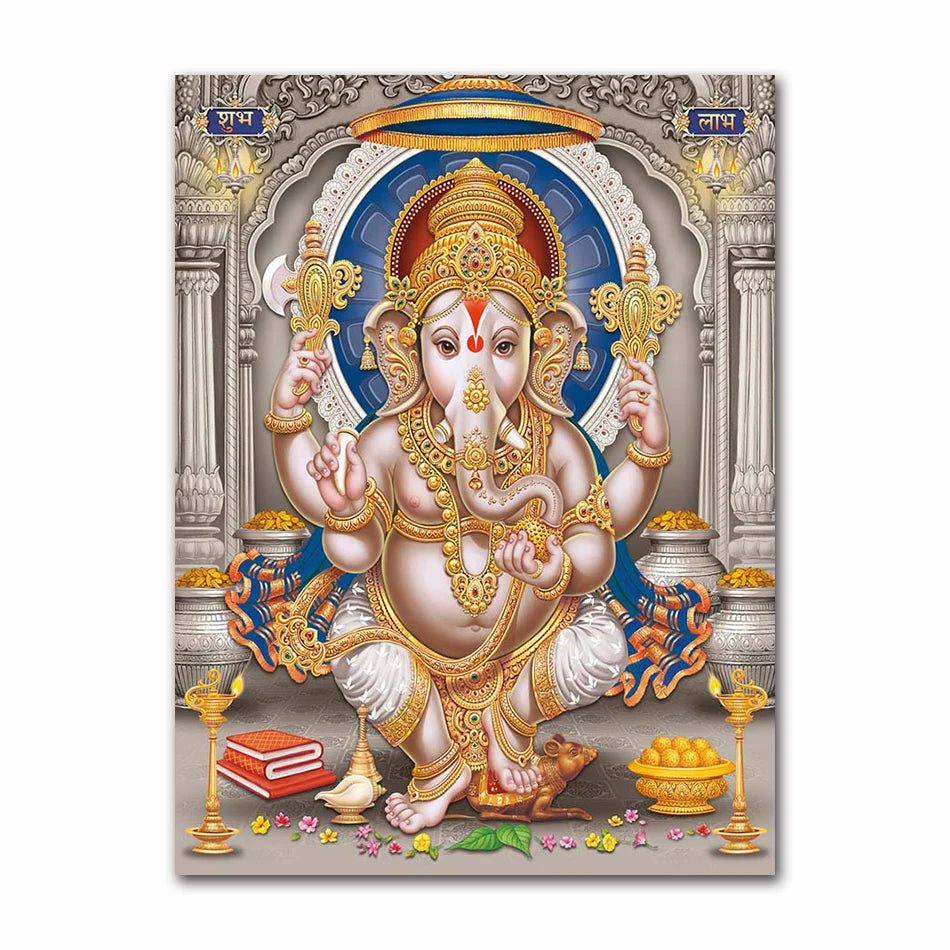 A canvas art print depicting Lord Ganesha with Shiva and Parvati in a divine setting.