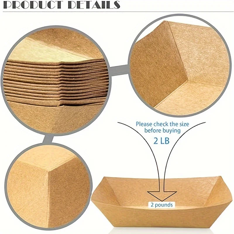 A set of kraft paper food trays and disposable serving boats shown in various angles.