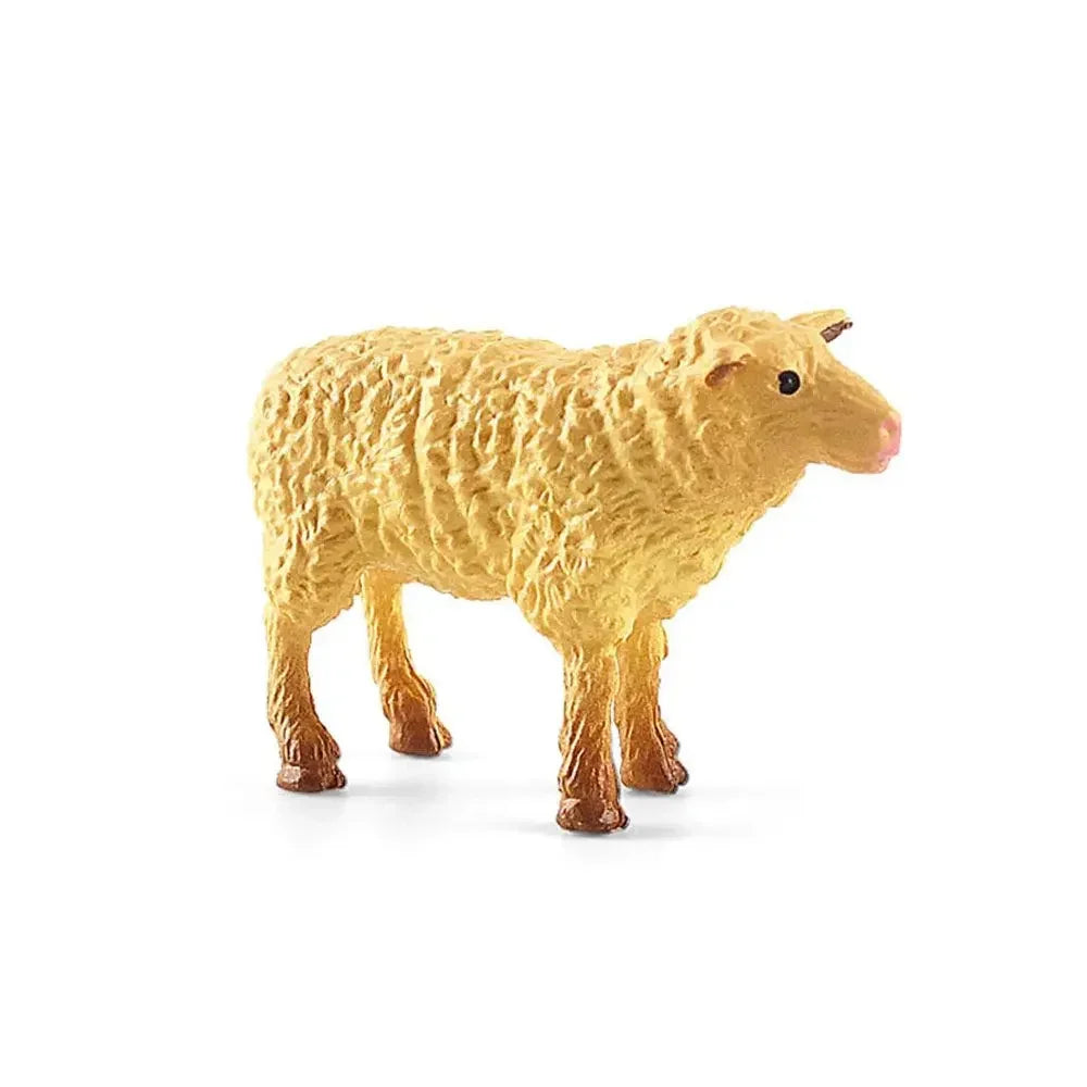A realistic yellow sheep figurine with short wool and brown features.