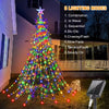 A decorated Christmas tree lights up in various modes outdoors with a solar panel nearby.