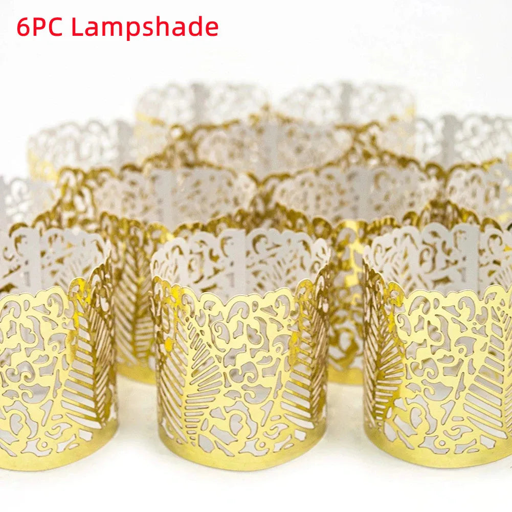 Six pieces of gold and silver lace-patterned lampshades for tea lights