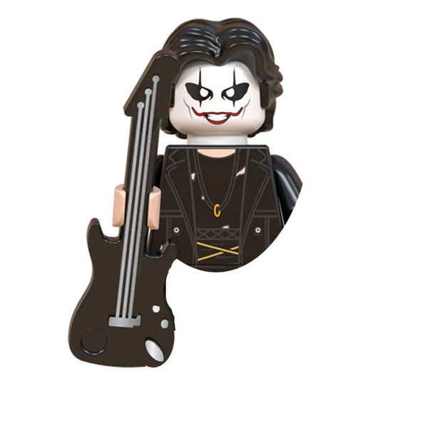 A building block figure of the Joker from a horror movie, featuring dark hair and a menacing painted face.