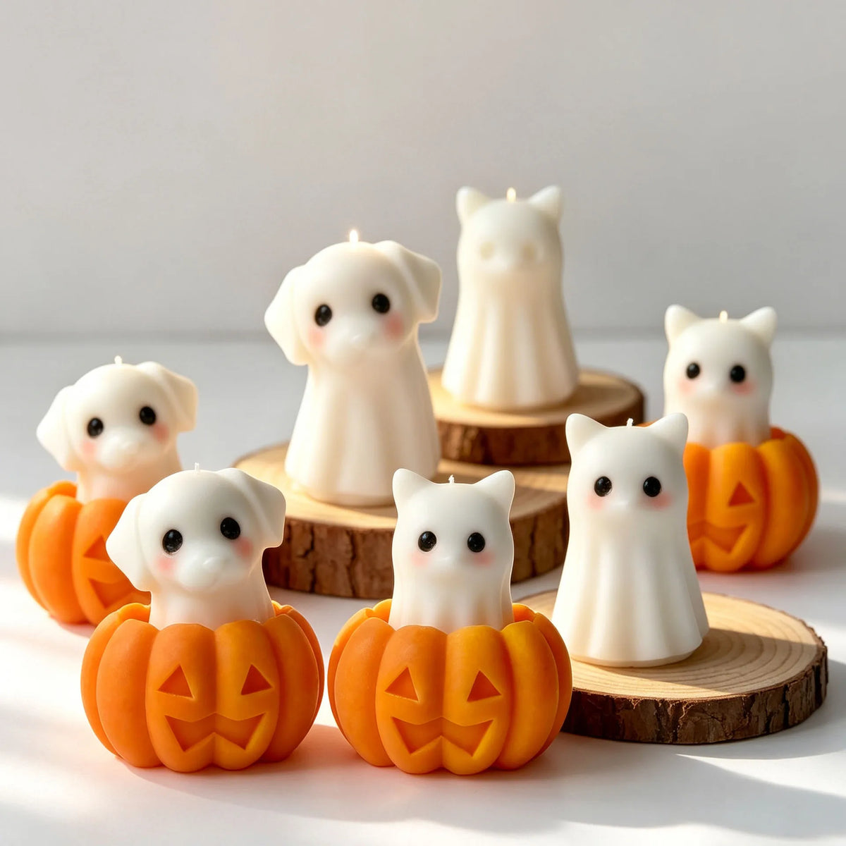 A collection of white silicone candle molds shaped like ghosts, cats, dogs, and pumpkins displayed on wooden surfaces.