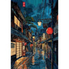 A vertical painting depicting a rainy night street scene in an anime city with traditional Japanese architecture and lanterns