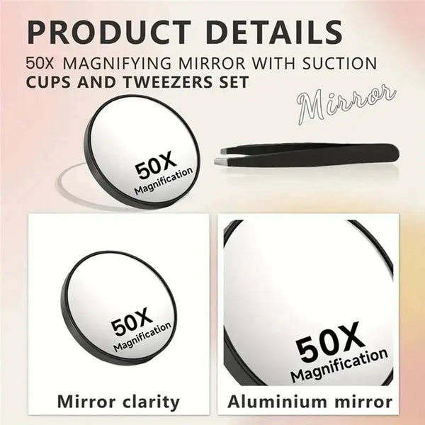 A set of 50X magnifying mirrors with suction cups and tweezers for makeup application.