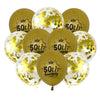 A pack of ten rose gold latex confetti balloons celebrating a 50th anniversary.