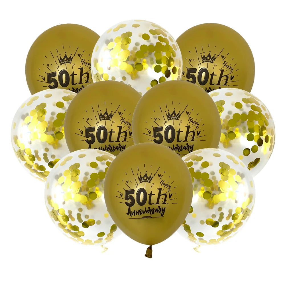 A pack of ten rose gold latex confetti balloons celebrating a 50th anniversary.