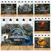 A collection of Jurassic World themed birthday backdrop banners featuring dinosaurs and name placeholders.