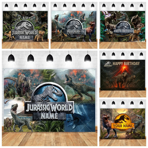 A collection of Jurassic World themed birthday backdrop banners featuring dinosaurs and name placeholders.