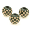 Three natural wooden checkered beads for jewelry making, round and dark green.