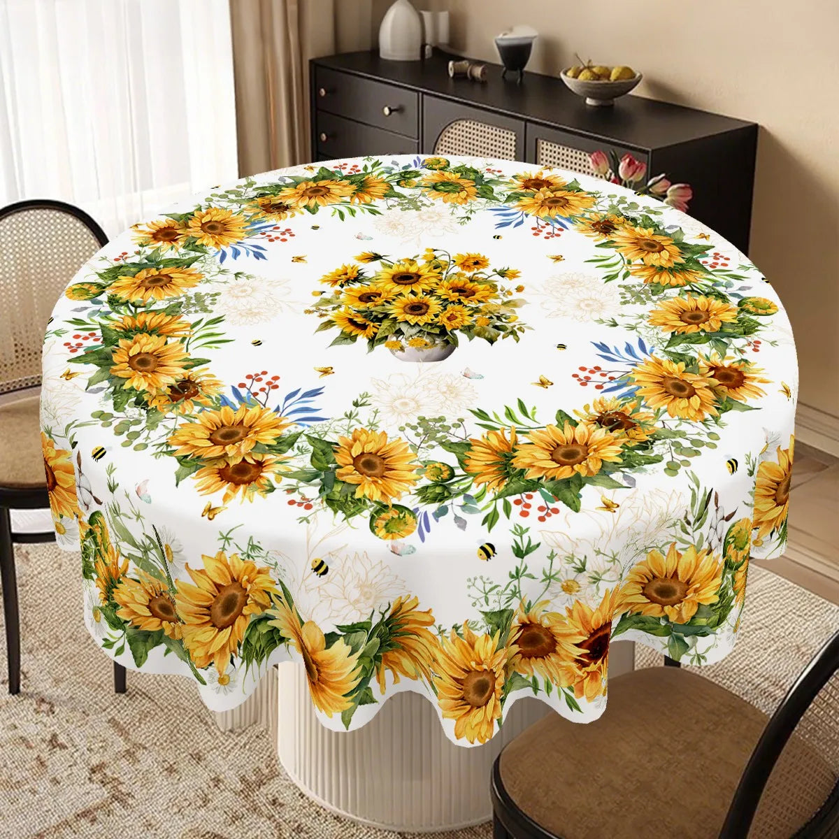 White tablecloth with a yellow and green sunflower print for farmhouse dining