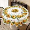 White tablecloth with a yellow and green sunflower print for farmhouse dining