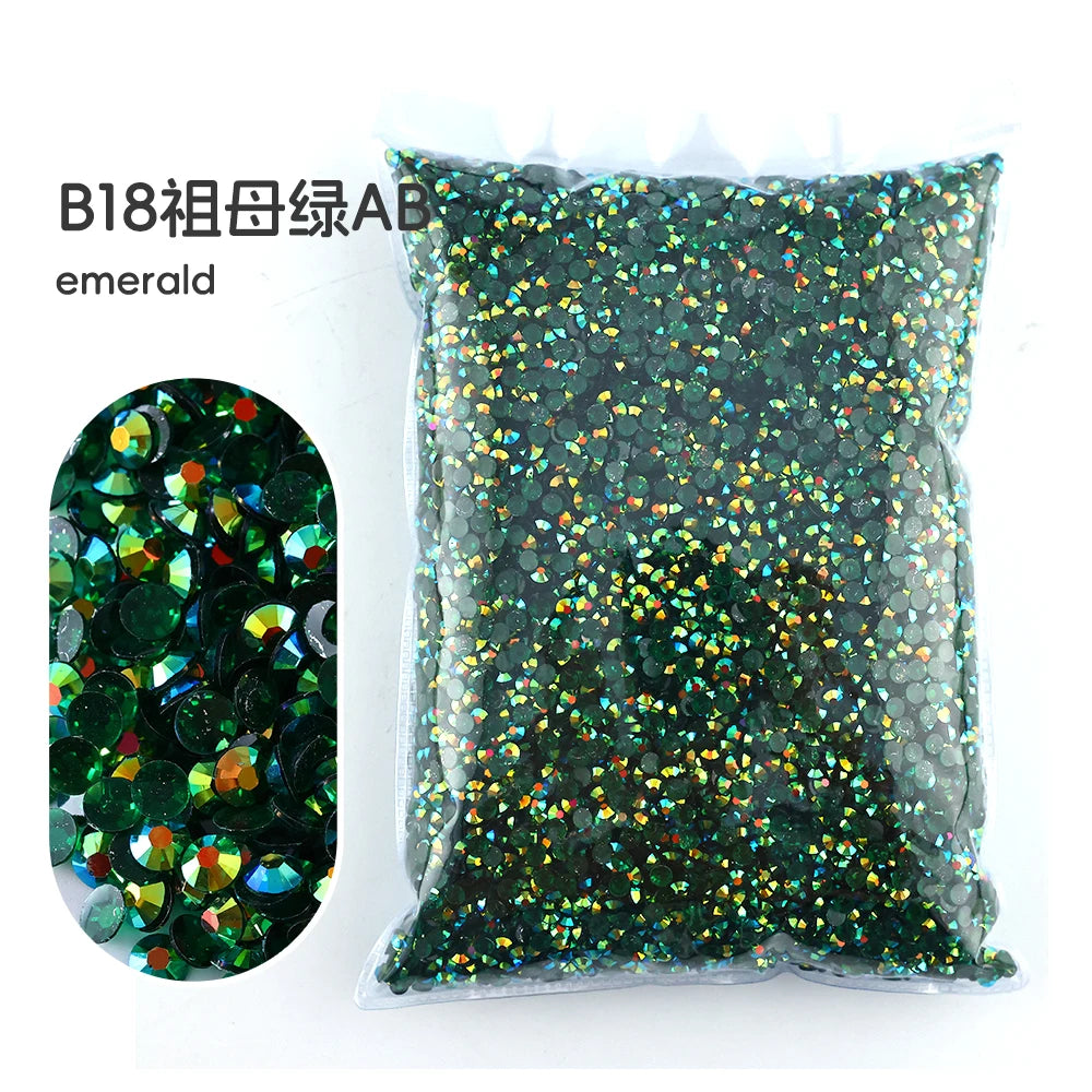 Bag of emerald colored AB resin rhinestones for crafting