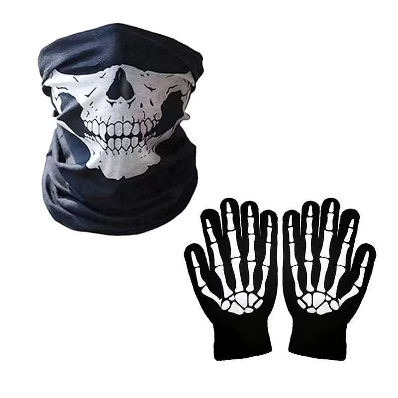 Black fabric mask featuring a white skull design and a black glove set for a Halloween costume