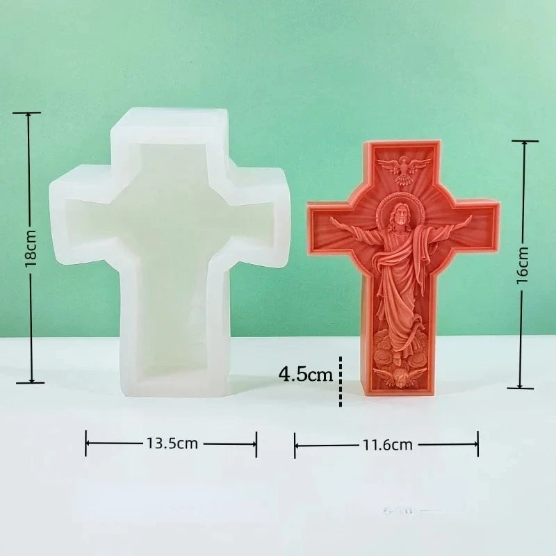 A white silicone mold of a cross and an orange-red wooden-look cross are displayed against a light green background.