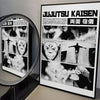A framed poster of Jujutsu Kaisen anime featuring dark, intense characters and dramatic artwork.