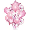 A set of 14 rose gold latex and foil balloons in various sizes and shapes, including stars and round balloons.