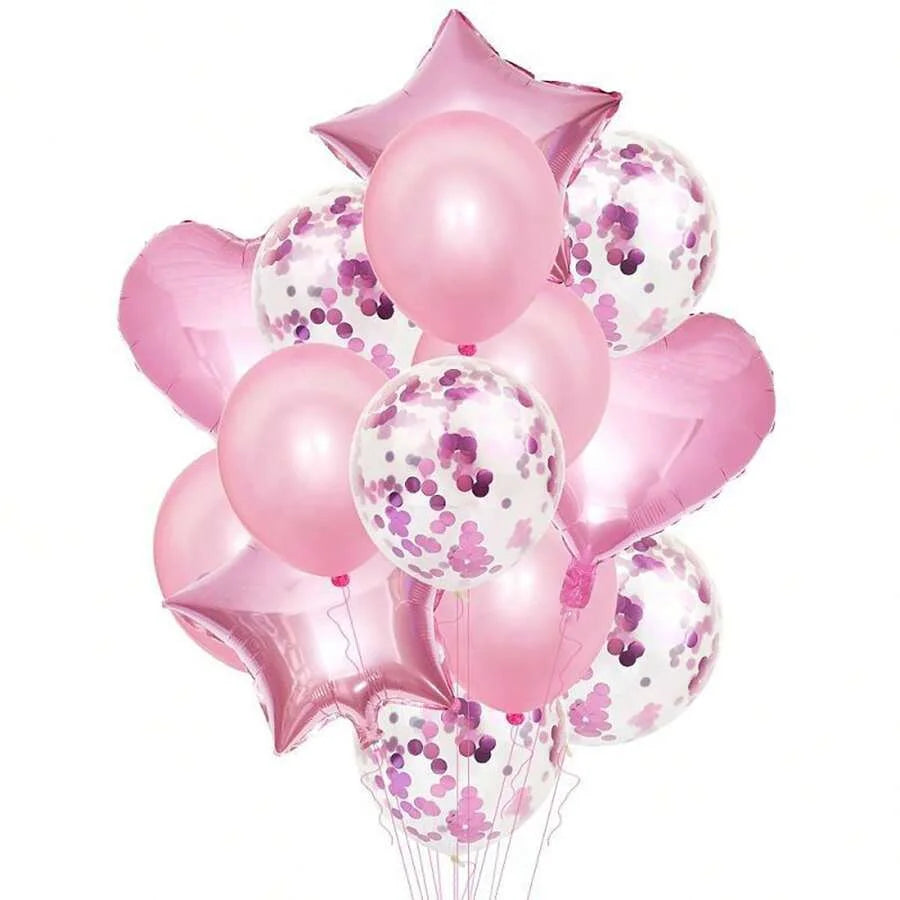 A set of 14 rose gold latex and foil balloons in various sizes and shapes, including stars and round balloons.