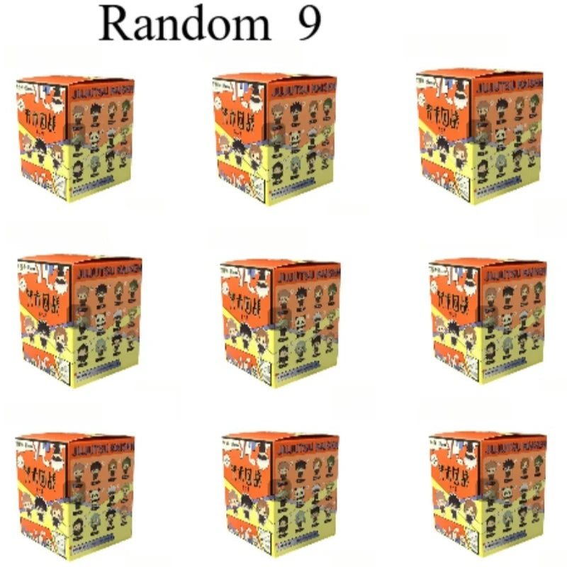 A collection of nine boxed collectible figures from Jujutsu Kaisen blind boxes displayed in a grid.