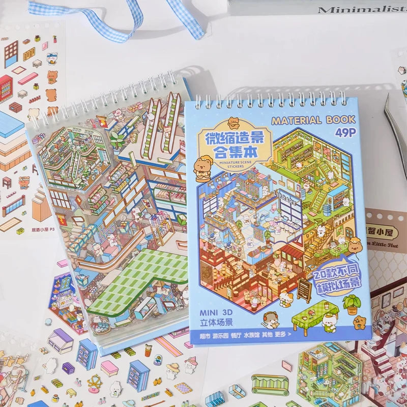 A colorful sticker book titled Material Book featuring a miniature 3D scene of a city.