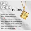 A gold pendant necklace shaped like an open book with text engraved on it, featuring seven messages for a son.