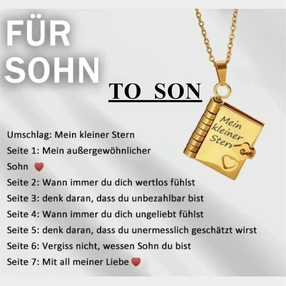 A gold pendant necklace shaped like an open book with text engraved on it, featuring seven messages for a son.