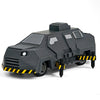 A black 3D printed display model of a Tornado Intercept Vehicle with yellow hazard stripes.