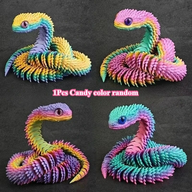 Four randomly colored 3D printed rotatable snake art models displayed on a dark surface.