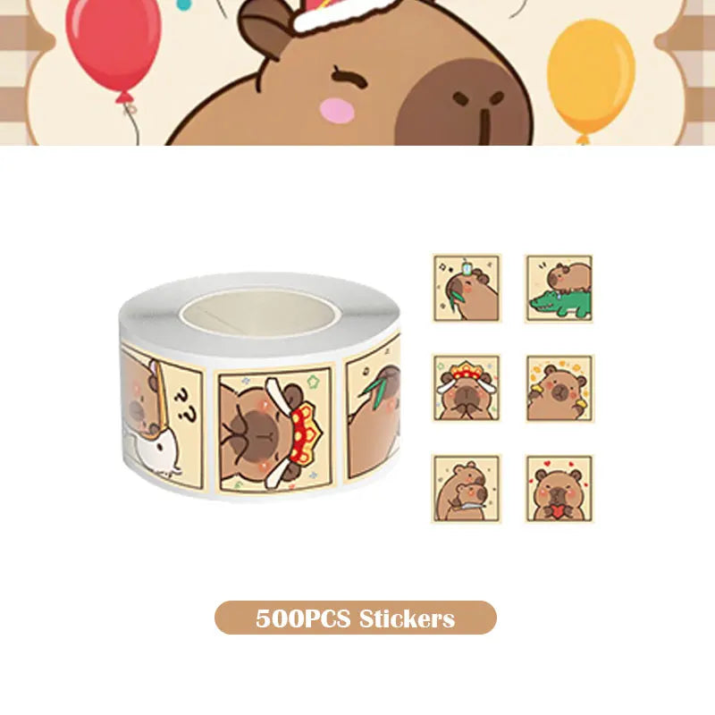 Roll of 500 pieces stickers featuring cute capybara characters for birthday party decorations