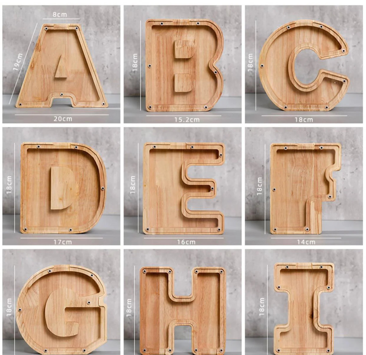 A to I alphabet wooden piggy bank coin box for kids showing various letters