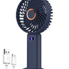 A dark blue portable rechargeable handheld fan with a digital display and power cord.