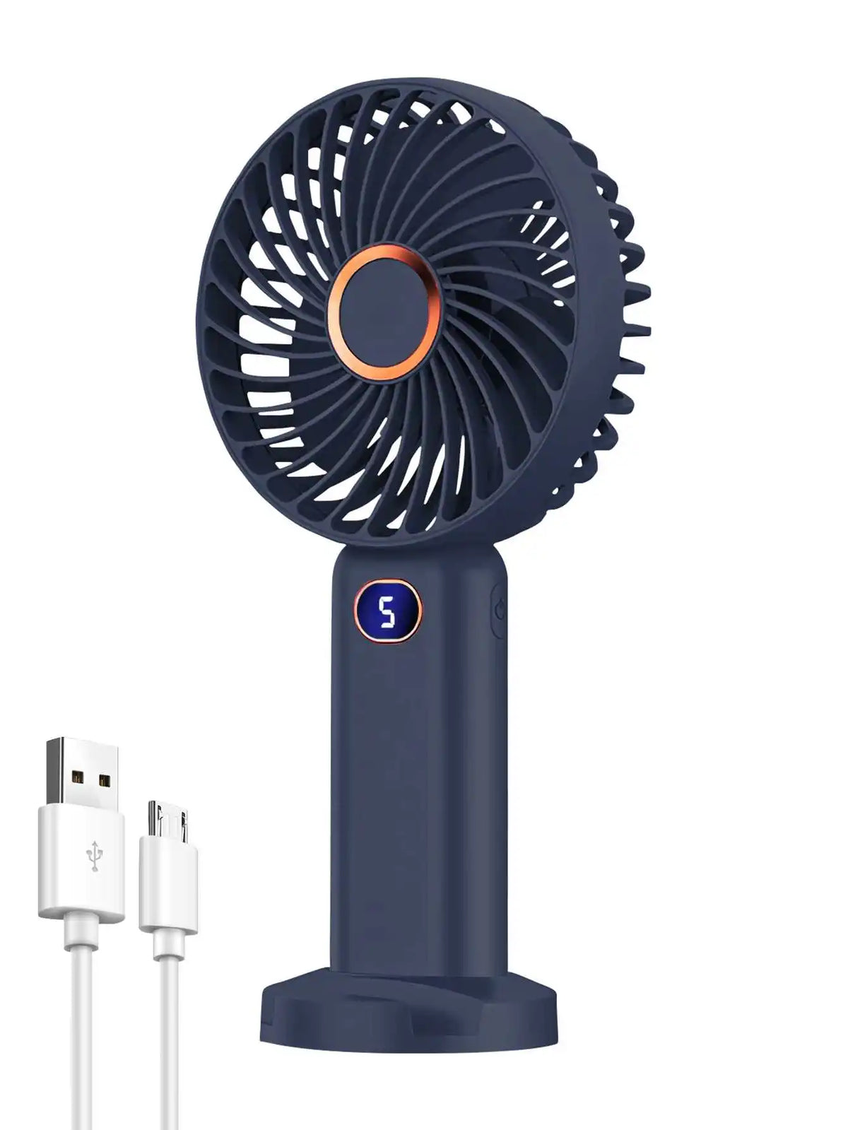 A dark blue portable rechargeable handheld fan with a digital display and power cord.