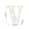A white alphabet letter light shaped like a V, featuring warm white LED lights.