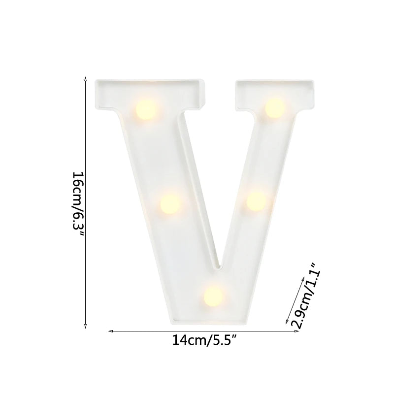A white alphabet letter light shaped like a V, featuring warm white LED lights.