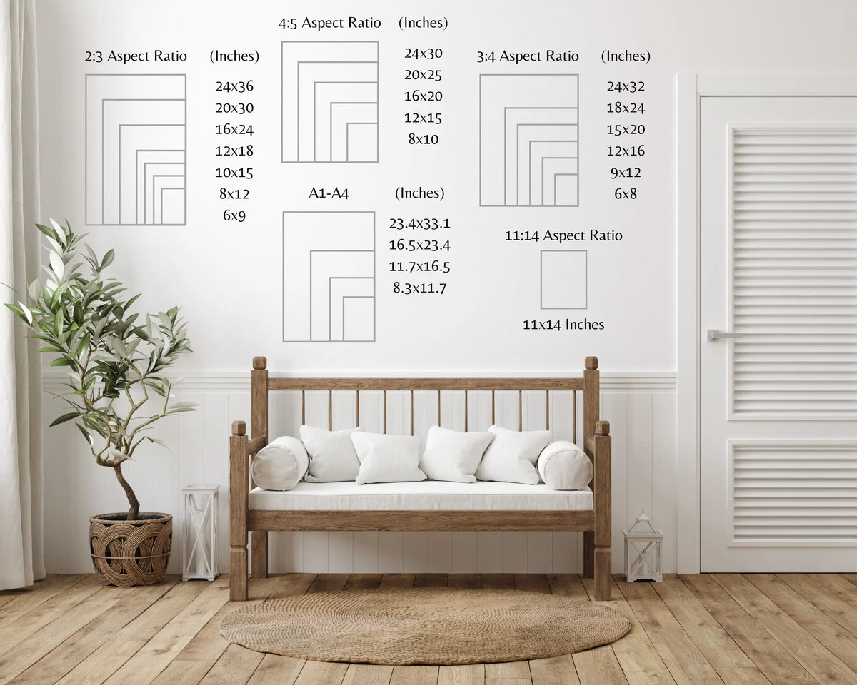 A wooden bed frame decorated with various aspect ratio grids and a potted plant in a bright room.