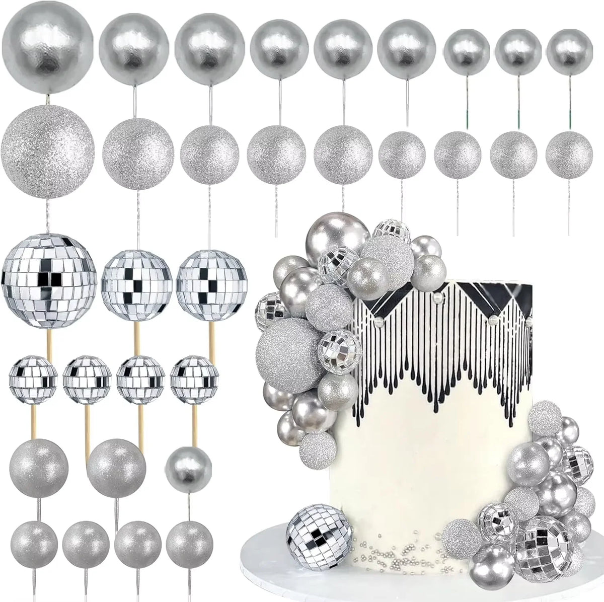 A collection of silver disco ball cake toppers for birthday and party cakes