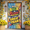 A colorful vinyl backdrop banner welcoming back to school with text and sunflowers.