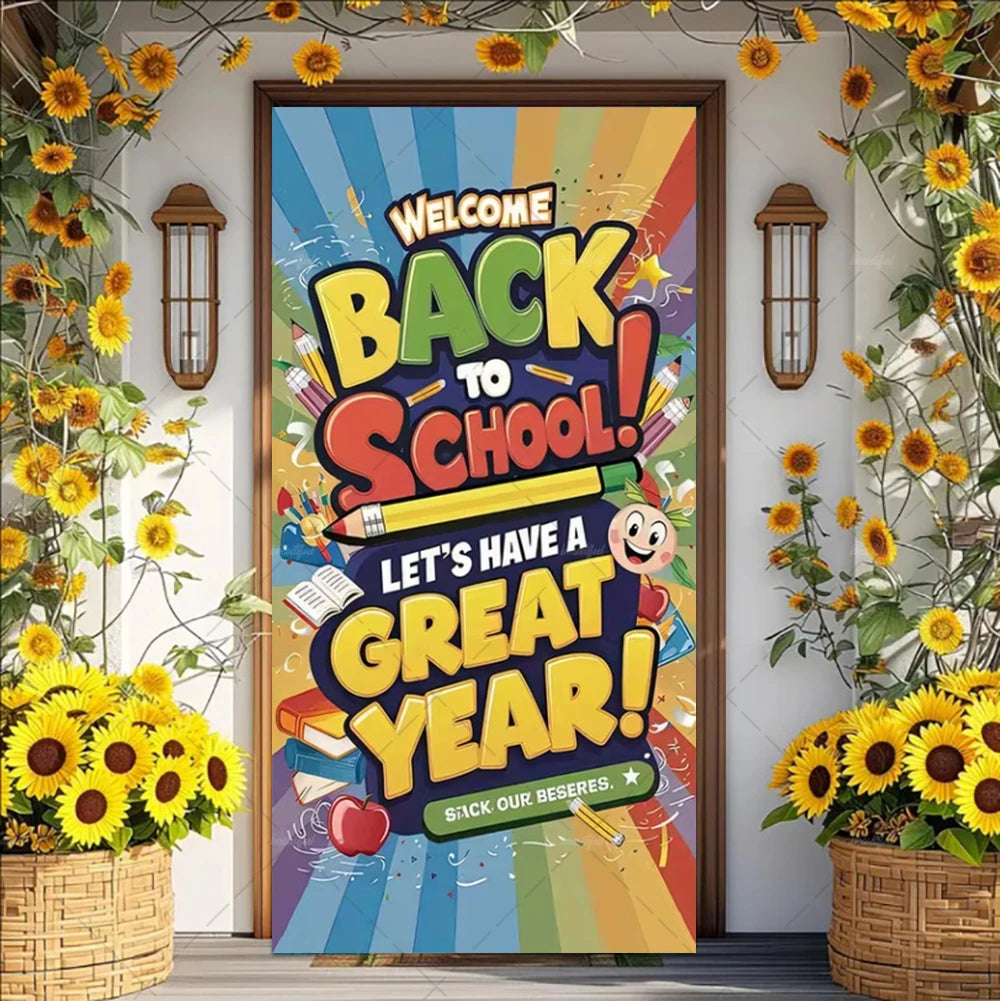 A colorful vinyl backdrop banner welcoming back to school with text and sunflowers.
