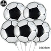 Five silver foil soccer balls are shown against a white background, ready for party decoration.