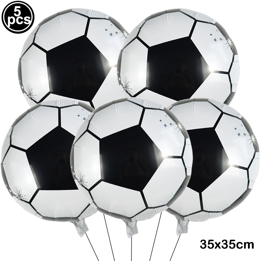Five silver foil soccer balls are shown against a white background, ready for party decoration.