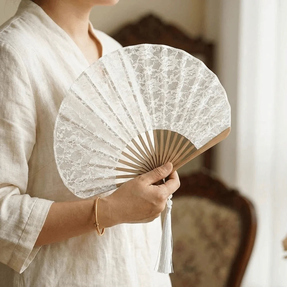 Vintage Lace Folding Hand Fan with Tassels
