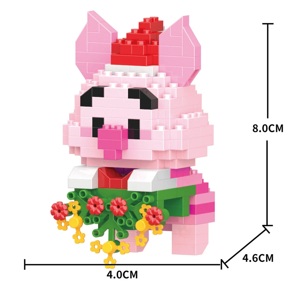 A pink pig model built from micro building blocks, showing its dimensions.