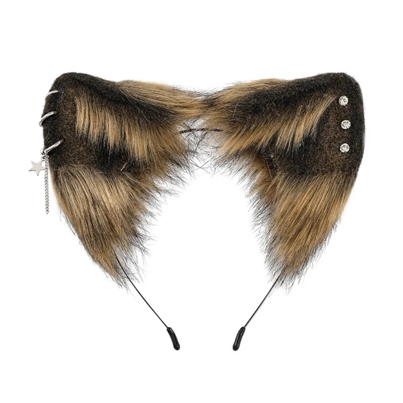 A pair of dark brown and tan faux fur fox ears headband for cosplay or themed parties.
