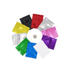 A collection of vibrant foil zip bags in various colors including black, red, yellow, silver, pink, and purple arranged aroun