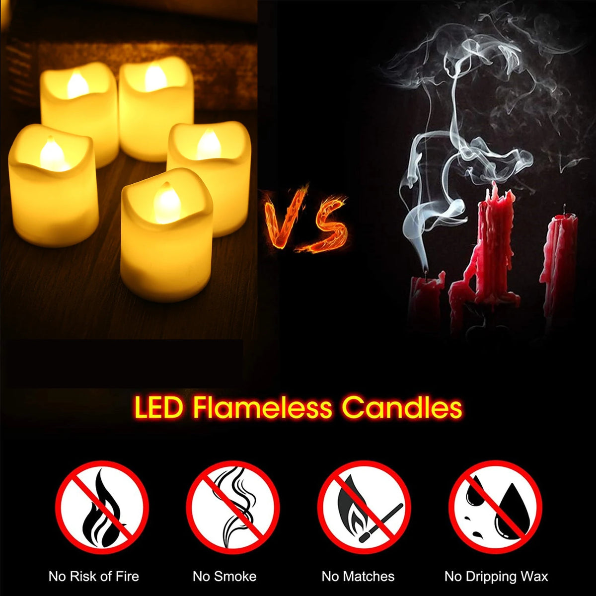 A comparison showing traditional candles versus LED flameless candles, highlighting safety features like no fire, smoke, matc
