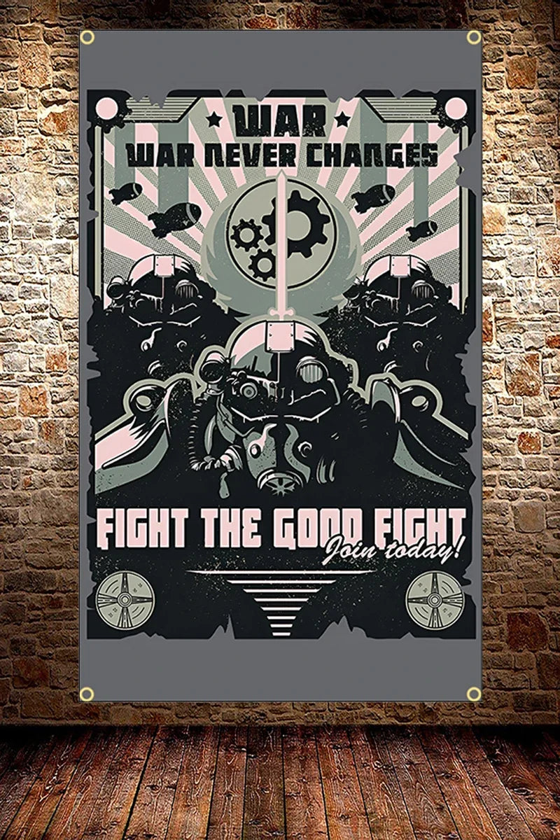 A dark graphic banner featuring a stylized warrior theme with the text WAR NEVER CHANGES and FIGHT THE GOOD FIGHT Join today.