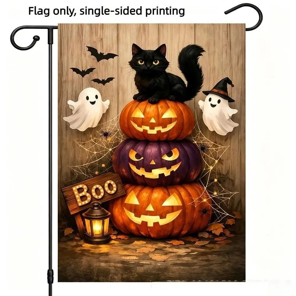 A Halloween flag featuring a black cat, ghost, and carved pumpkins on a wooden background.