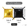 Set of 51 double-sided square foil balloons, including gold and black panels.
