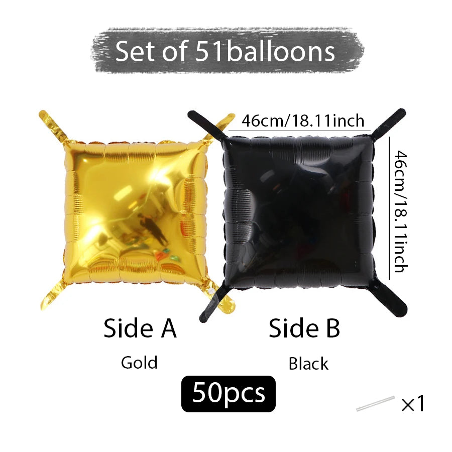Set of 51 double-sided square foil balloons, including gold and black panels.